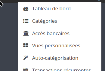 Capture d'écran montrant l'entrée vues personnalisées dans le menu en haut à droite de Kresus